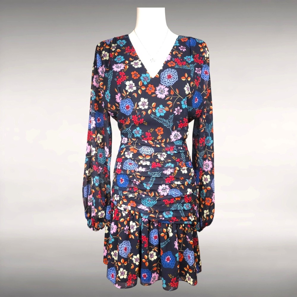 LINI Maggie Navy Floral Ruched Mini Cocktail Dress Sheer Long Sleeve Womens 0